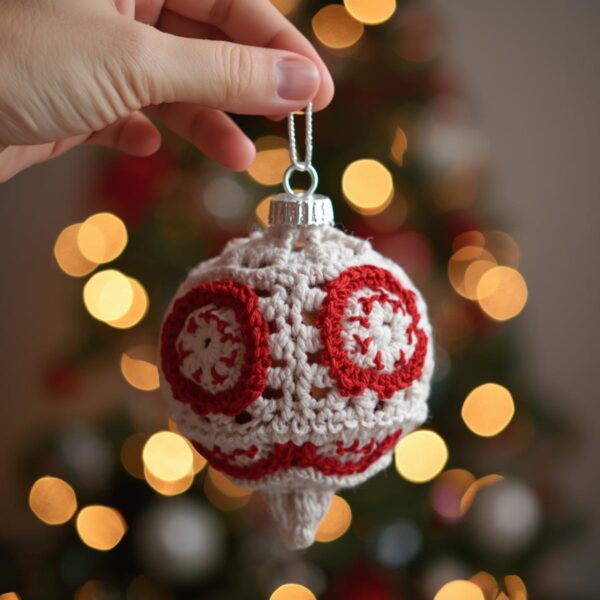 Hand holding a crochet Christmas bauble ornament in festive colors.